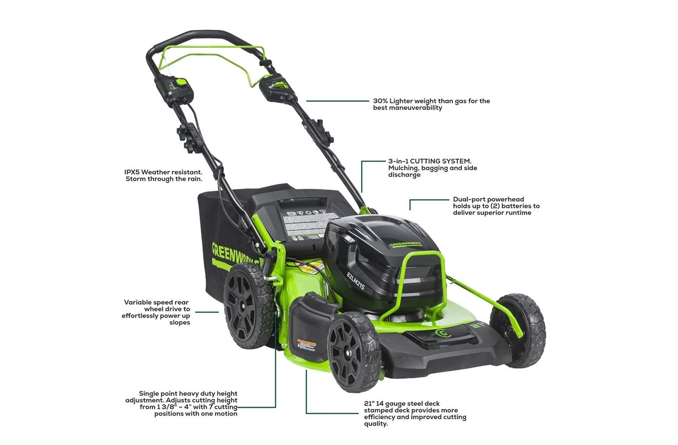 Greenworks 82V 21" Brushless Self-Propelled Mower with 8Ah Battery and Dual Port Charger (82LM21S-8DP) - Image 8