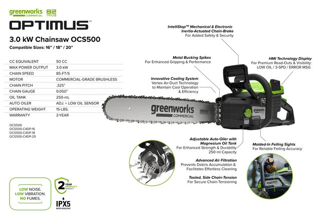 Greenworks 82V OPTIMUS 3.0 kW 18" Chainsaw Kit with CORE400 Battery & DP Charger (OCS500-C4DP-18) - Image 6
