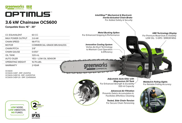 Greenworks OPTIMUS 82V 3.6kw 20" Chainsaw Kit with CORE400 Battery & DP Charger (OCS600-C4DP-20) - Image 5