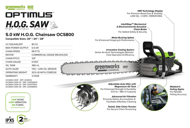 Greenworks OPTIMUS 82V 5.0kw 24" HOG Chainsaw Kit with CORE530 Battery & DP Charger (OCS800-C5DP-24) - Image 6