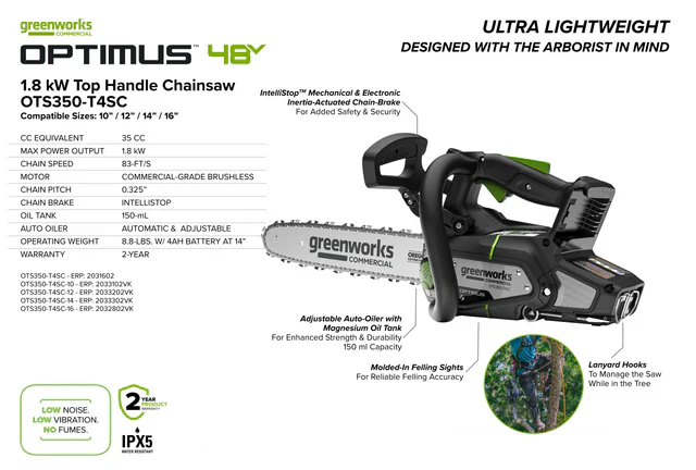 Greenworks OPTIMUS 48V 12" Top-Handle Chainsaw Powerhead, 48V 4 Ah Battery, 5A Charger (OTS350-T4SC-12) - Image 5