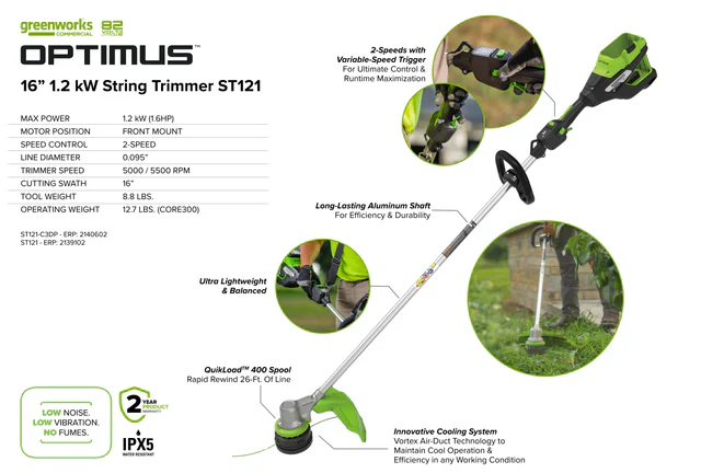 Greenworks 82v 1.2kW Optimus String Trimmer Core300 w/ Battery & Charger (ST121-C3DP) - Image 7