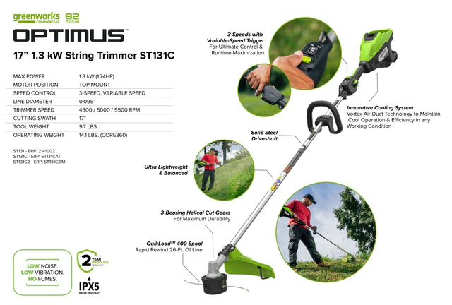 Greenworks Optimus 82V Top mounted 1.3kW String Trimmer Kit (ST131CB) - Image 5